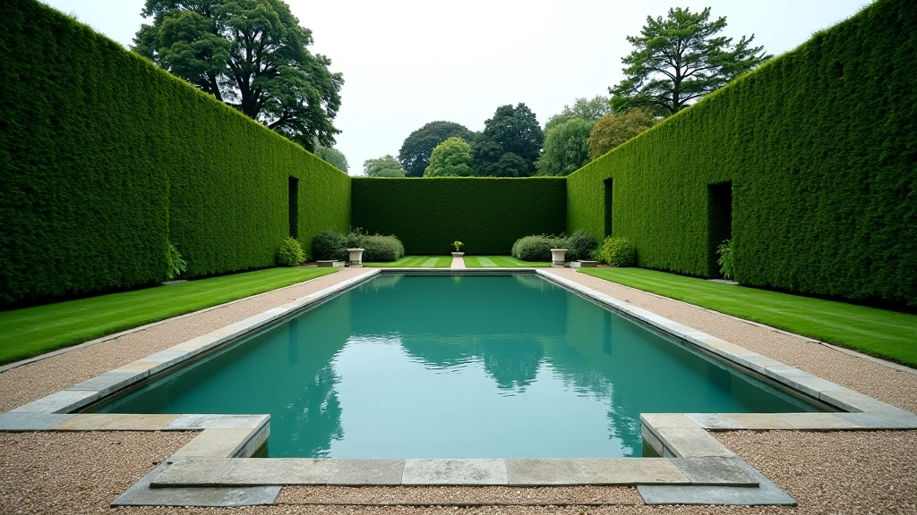 Expansive view of lower Italian garden with pool feature and surrounding lawns