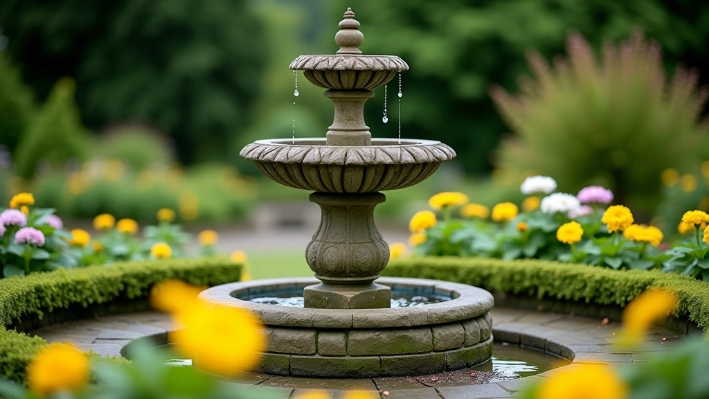 Stone water fountain with ornate carved details and tiered basin, surrounded by planted borders in muted tones