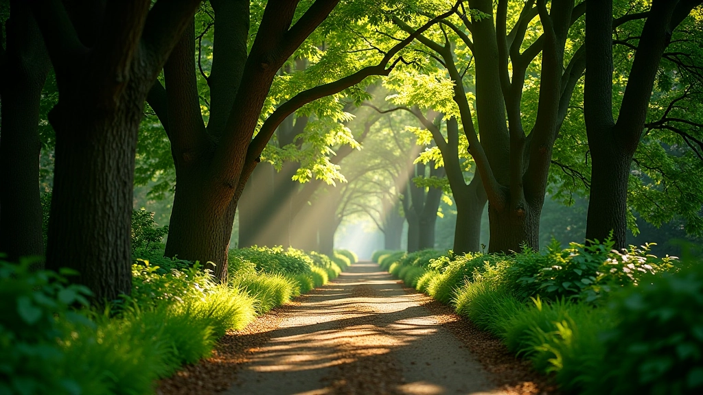 Winding woodland path with dappled sunlight filtering through ancient trees